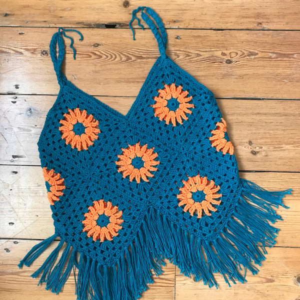 Summer Top. Crochet. Handmade. Blue and Orange. Small size (8)