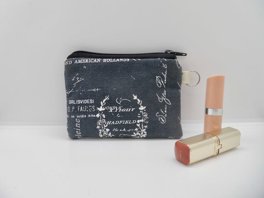 CLEARANCE Coin purse make up bag grey vintage script fabric