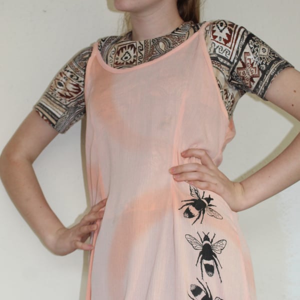 Vintage 90's Ladies peach,bee print strappy dress,Summer reworked Eco dress,