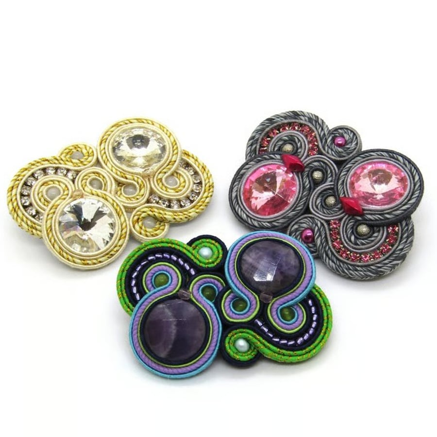 Handmade soutache brooch amethyst cat's eye boho jewellery