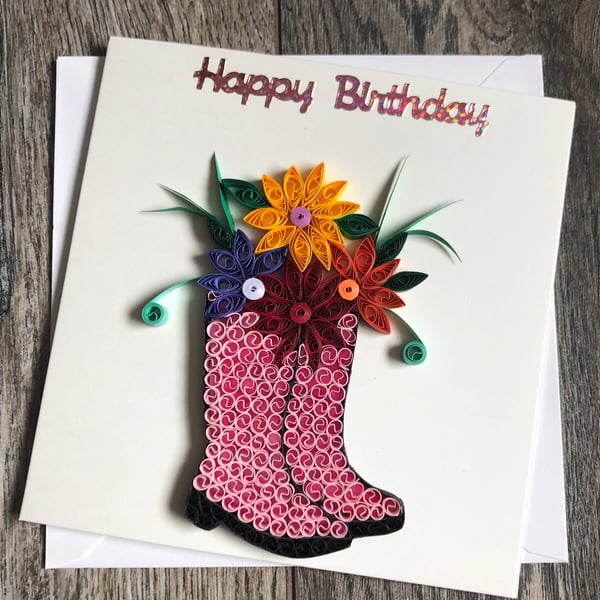 Handmade quilled welly Card