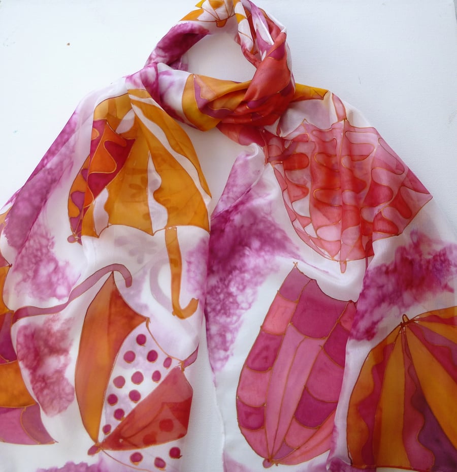 Red and Orange  Umbrellas  hand painted  Silk Scarf