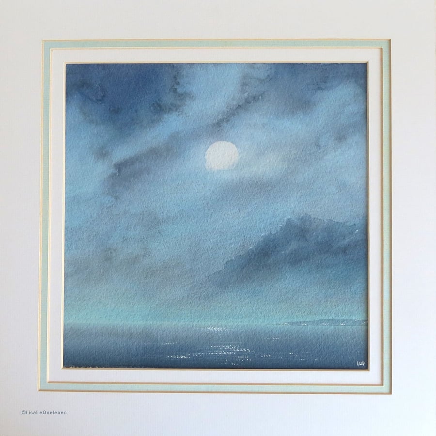 Original painting full moon across the bay summer night coastal scene 