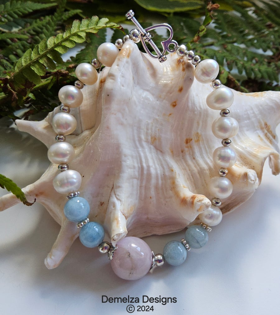 Kunzite, Aquamarine & Freshwater Pearl Designer Bracelet 