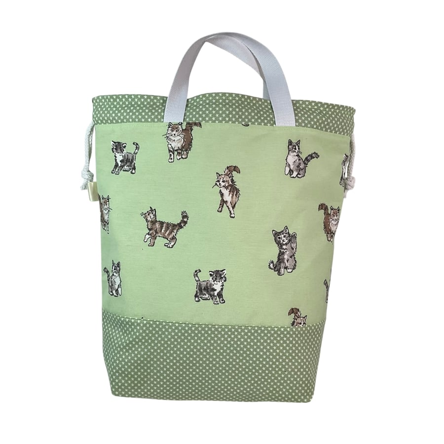 Extra Large drawstring knitting bag with cat print, multi pockets project bag