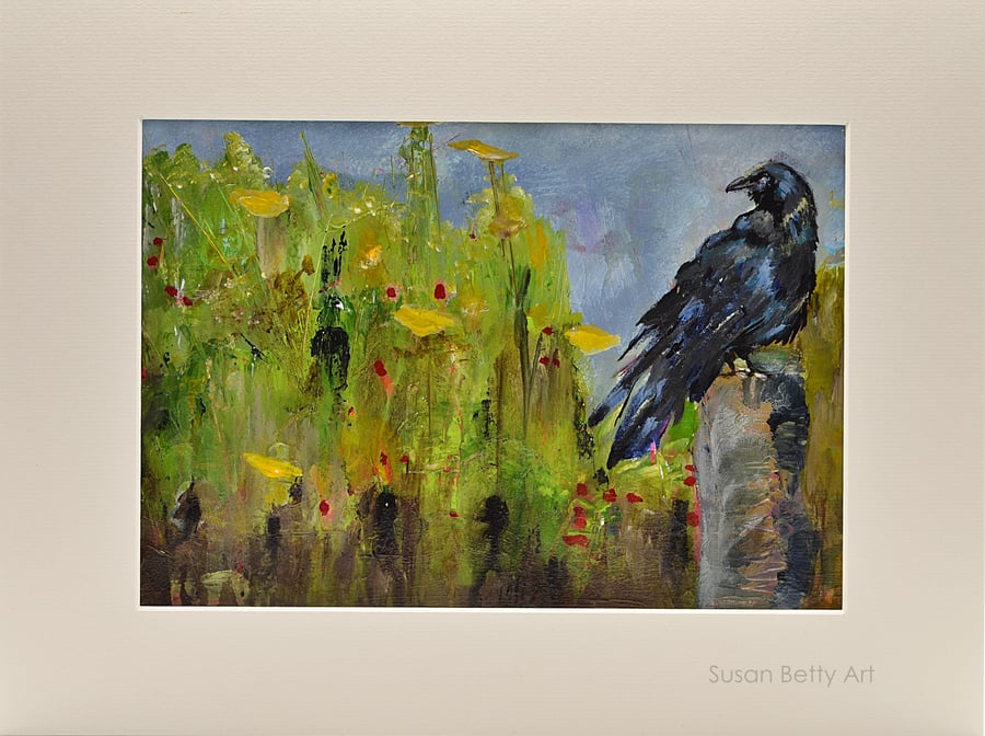 Original Painting of a Crow Resting on a Post (16x12 inches)