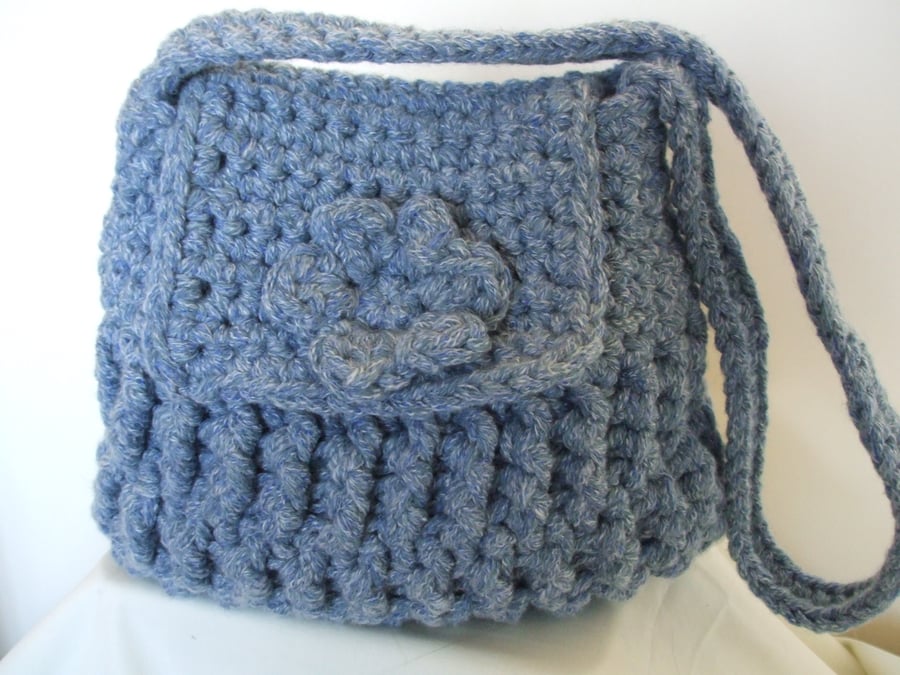 Crocheted denim shoulder bag