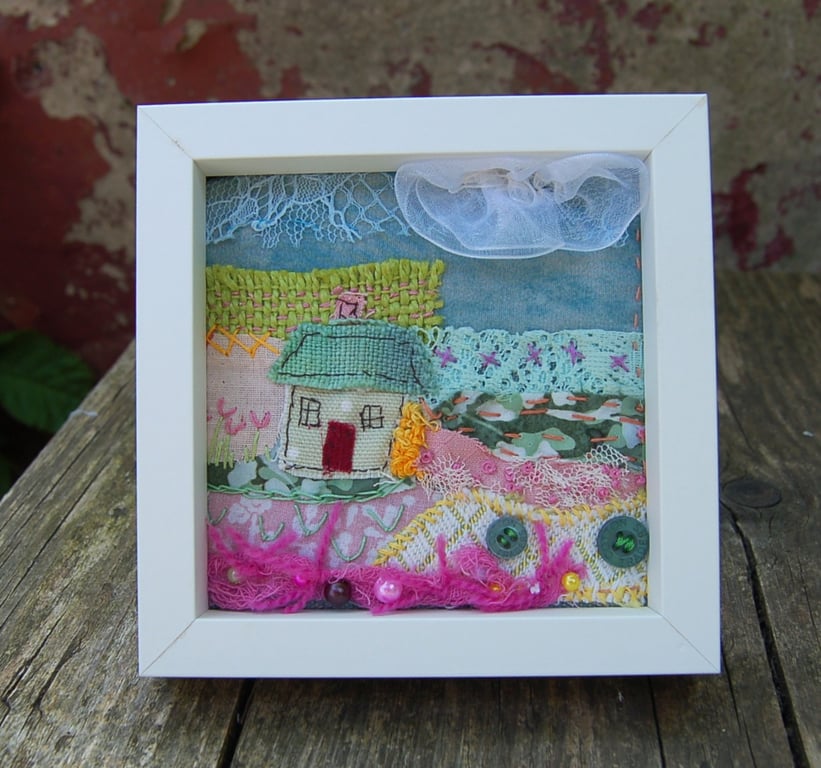 Textile landscape.  Upcycled fabric hand stitched picture 