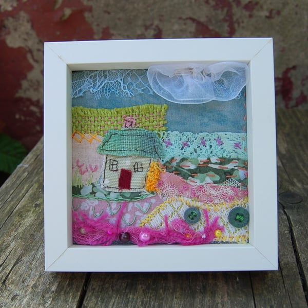Textile landscape.  Upcycled fabric hand stitched picture 