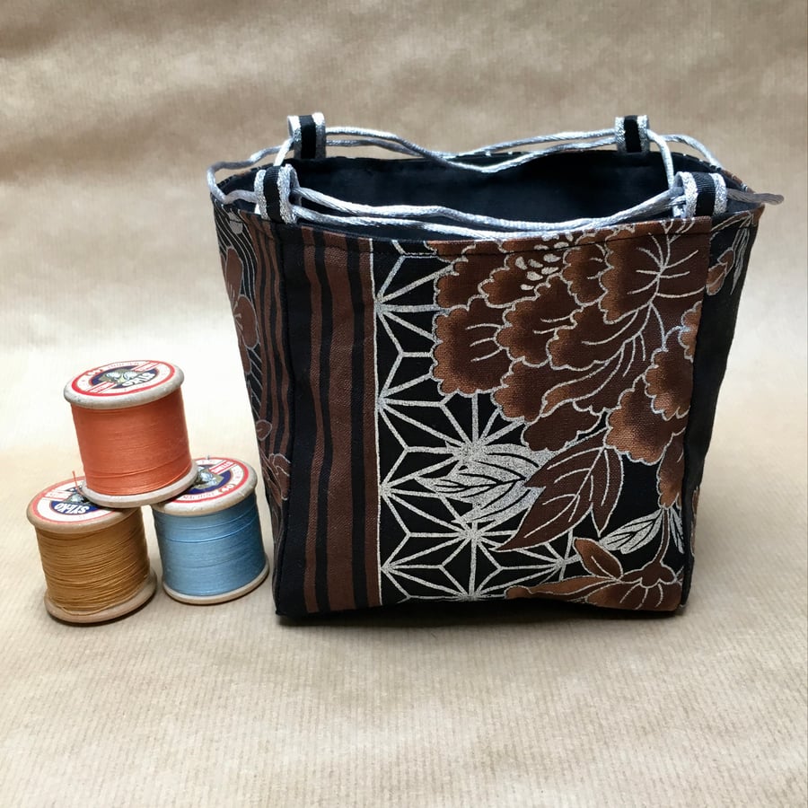 Reversible Brown & Silver Gilded Flowers and Strips Japanese Rice Bag Gift Bag 