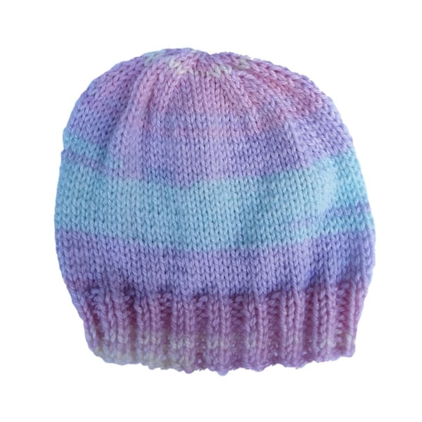 Hand knitted baby hat in pastel stripes 0 - 3 months