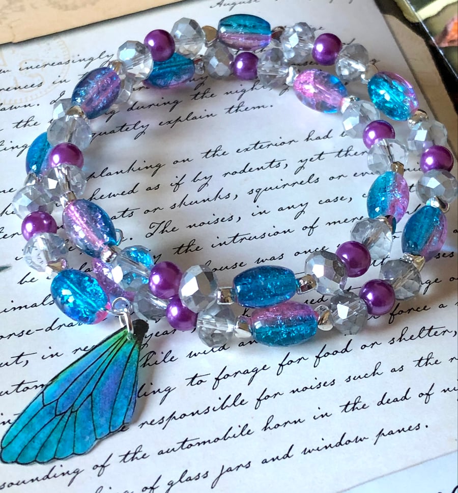 Blue and Purple Beaded Fairy Wing Wrap Bracelet