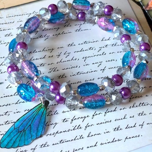 Blue and Purple Beaded Fairy Wing Wrap Bracelet