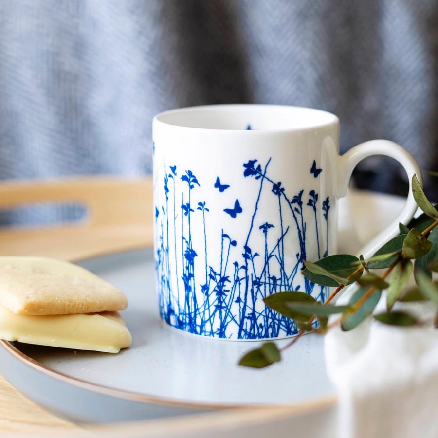 Fine china mug, butterflies silhouetted over meadow, Coffee mug, nature inspired