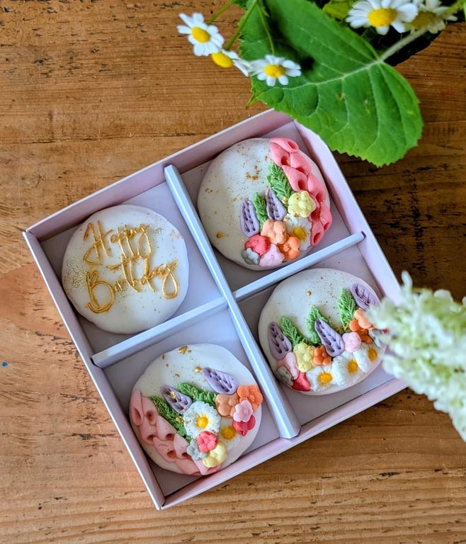 Handmade Personalised Floral Biscuit Gift Box, Hand Iced Cookies 