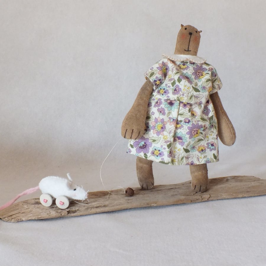 Beryl a primitive bear and mouse soft sculpture