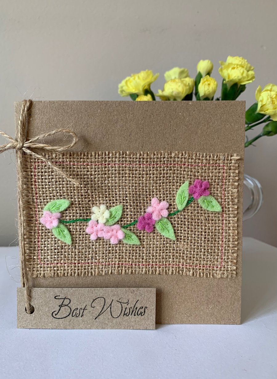 Birthday Card with pink and cream flowers. Wool felt. Handmade. Greeting card.