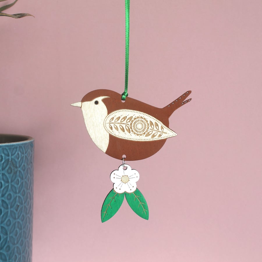 Hand Painted Jenny Wren Wooden Hanging Decoration with Flower