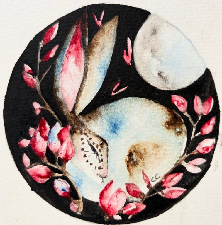 Original Hare Rabbit and Flowers under Full Moon Watercolour Moonlit Nature Art