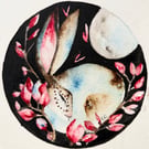 Original Hare Rabbit and Flowers under Full Moon Watercolour Moonlit Nature Art