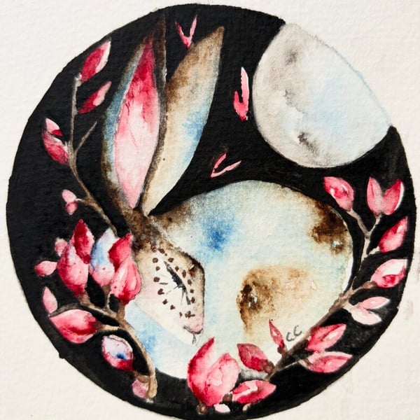 Original Hare Rabbit and Flowers under Full Moon Watercolour Moonlit Nature Art