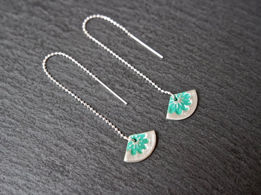 Fine Silver Threader Earrings - Triangle flowers turquoise