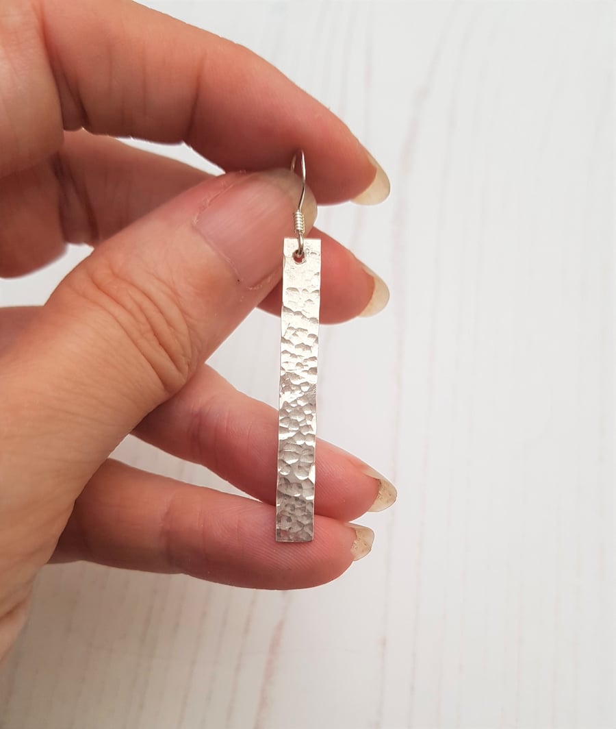 Handcrafted Silver Hammered Bar Earrings, Minimalist Silver Bar Dangle Earrings,