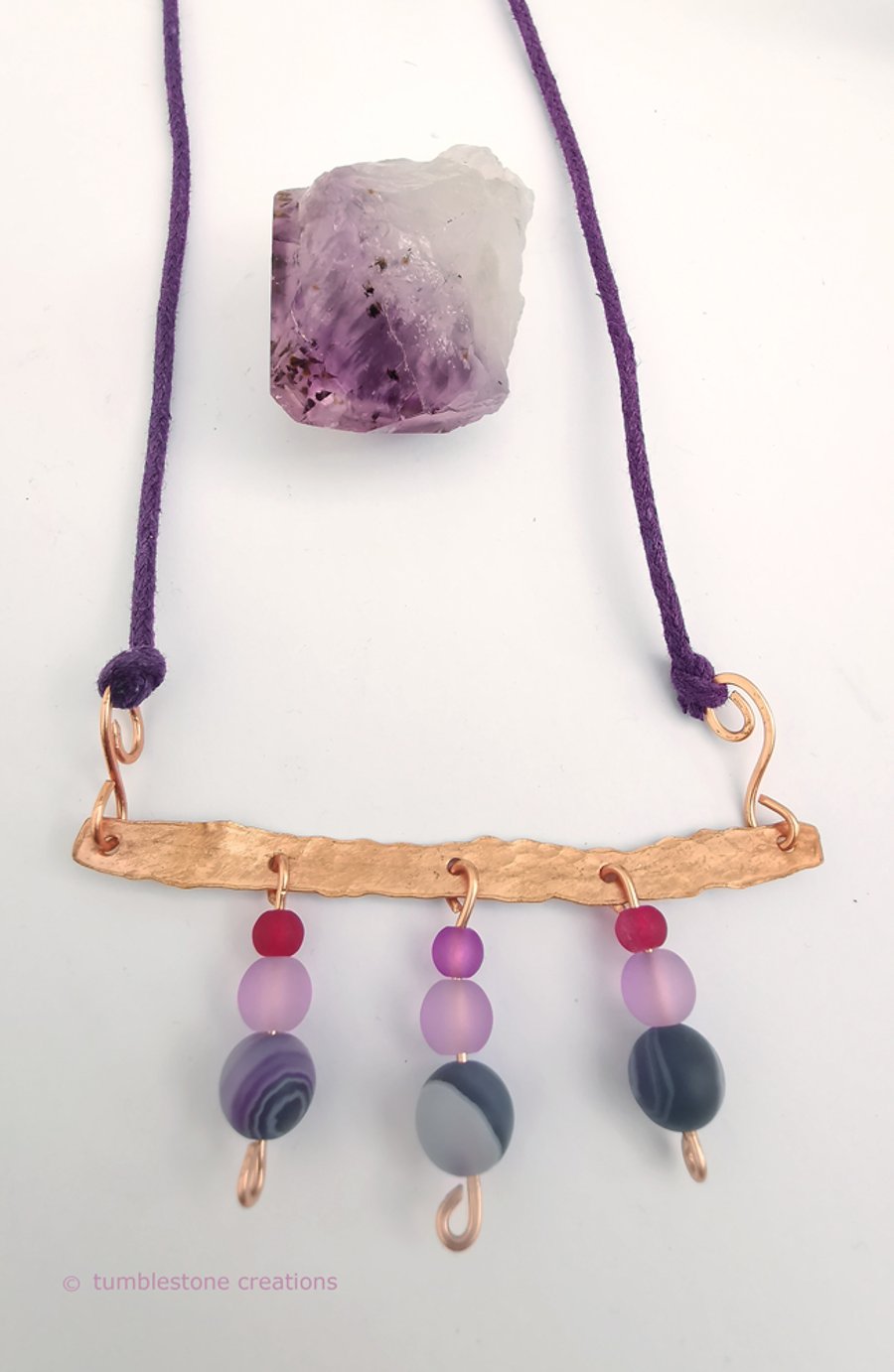 Hammered Copper, Crystal and Glass Purple Waxed Cotton Necklace