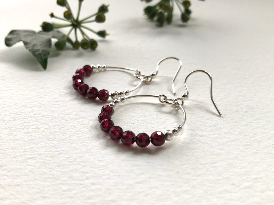 Garnet & Sterling Silver Beaded Hoop Earrings. Dangly Hoops. Boho Christmas