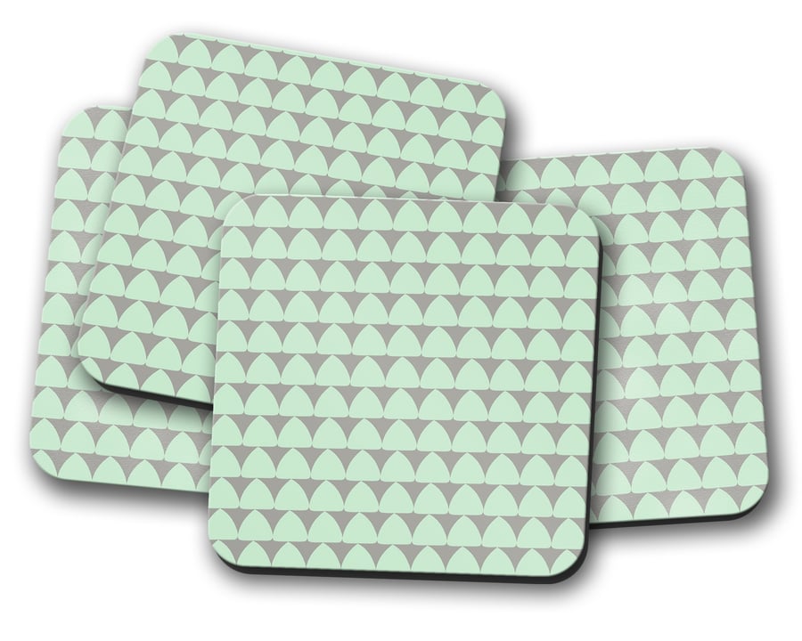 Set of 4 Mint Green and Grey Geometrical Design Coasters