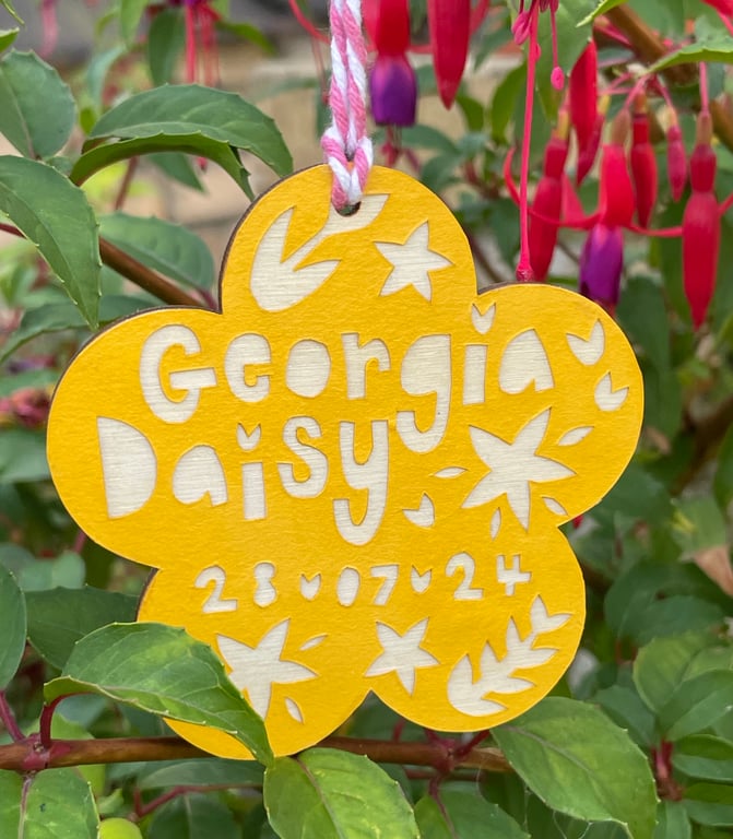 Baby name and date hanging decoration 