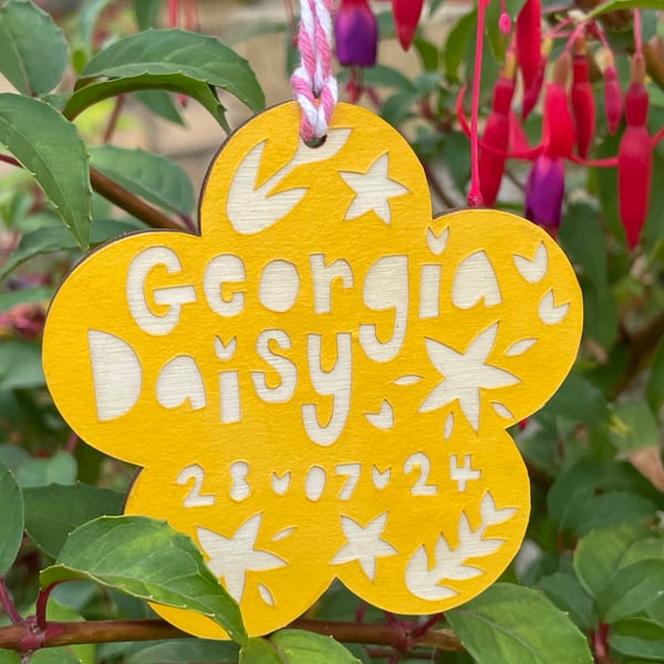 Baby name and date hanging decoration 