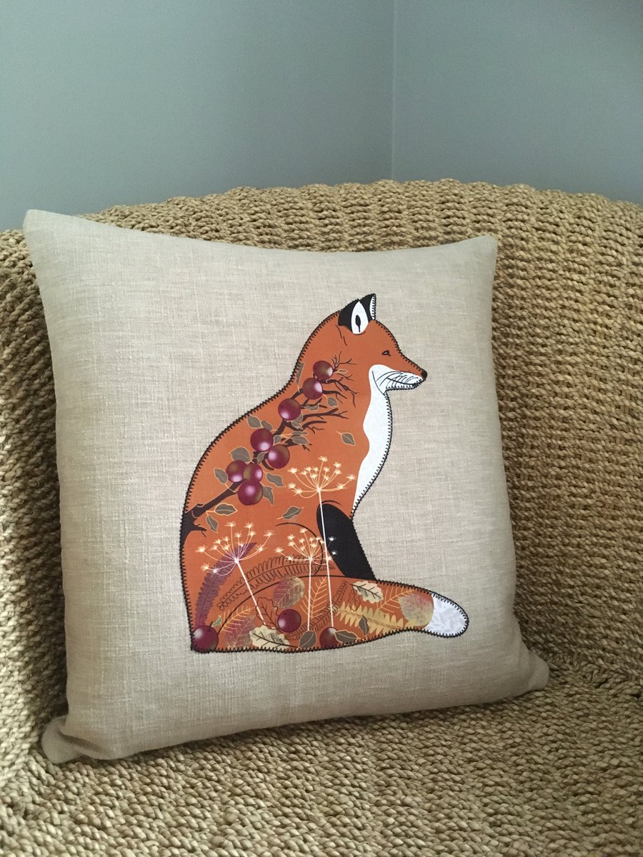 Handprinted & appliquéd cushion Orchard Fox