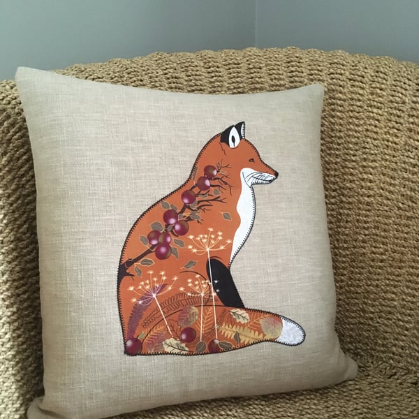Handprinted & appliquéd cushion Orchard Fox