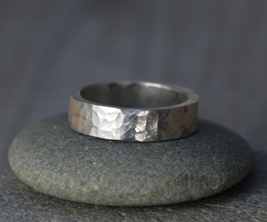 Hammered Effect Wedding Band in Sterling Silver... - Folksy