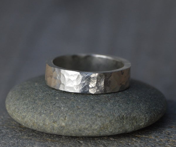 Hammered Effect Wedding Band in Sterling Silver 5mm Wide