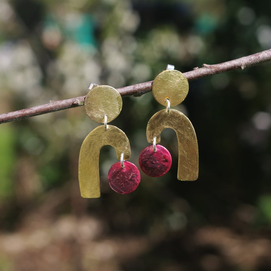 Geometric Brass and Red Copper Stud Dangle  Earrings