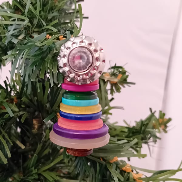 Colourful Button Christmas Tree Decoration - Silver Topper