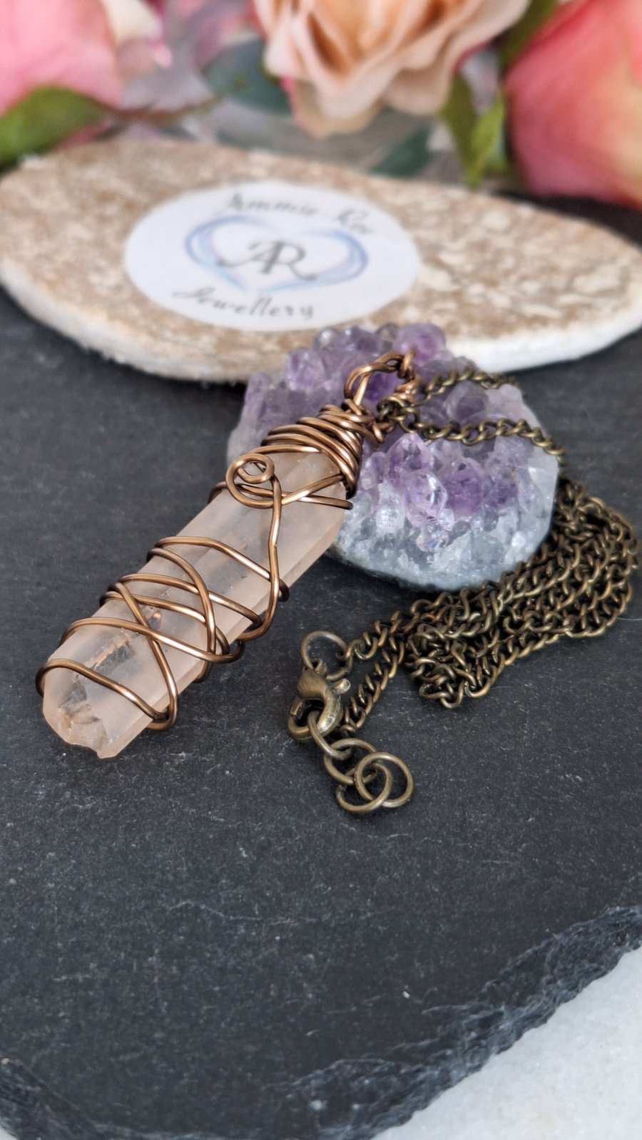 Bronze wirewrapped crystal pendant and chain