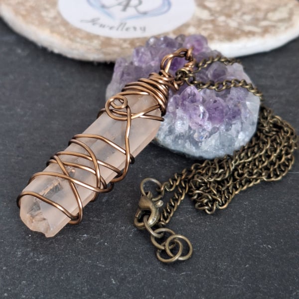 Bronze wirewrapped crystal pendant and chain