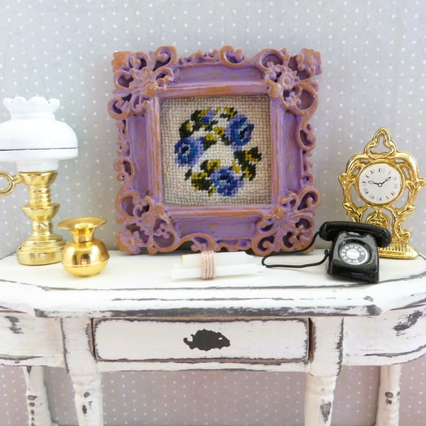 1.12 Scale Miniature Cross Stitch Framed Picture - Floral Design