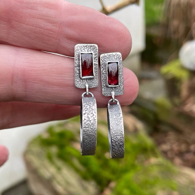 Oxidised textured silver and garnet stud earrings with hoop dangle
