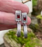 Oxidised textured silver and garnet stud earrings with hoop dangle - Image 3