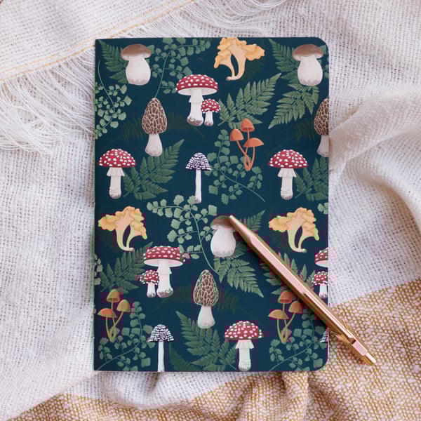 A5 Handmade Notebook with Mushroom & Fern Design