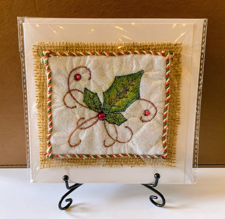 Holly Leaf swirl  Textile Christmas Card