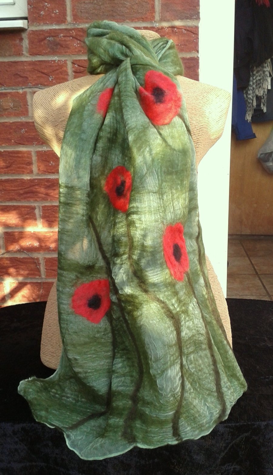 Scarf Nuno felted wool on silk (green with poppy detail)