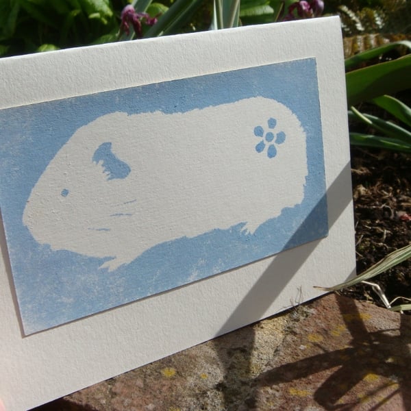 Hand painted Guinea Pig card, Birthday, blue, recycled card