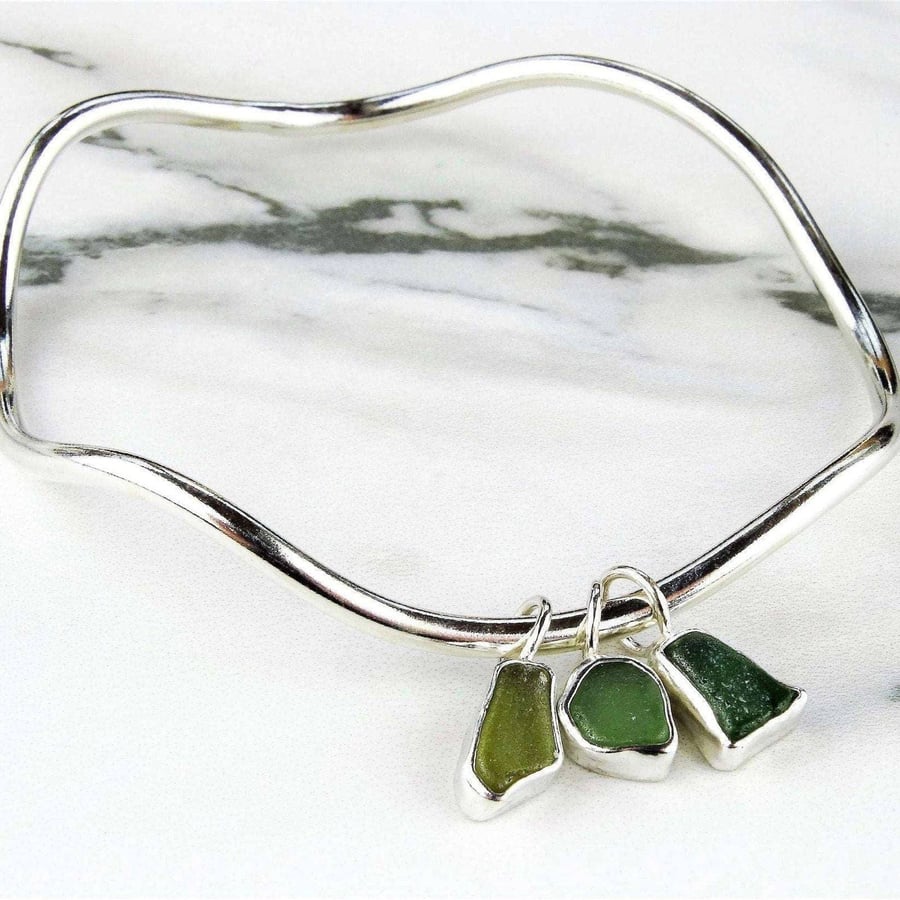 Green sea glass, wave, charm bangle - sea glass bracelet - wave bracelet - eco s