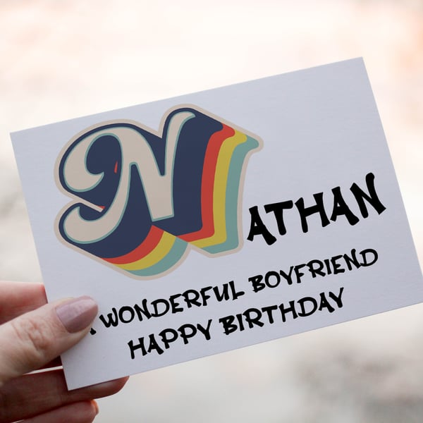 Retro Boyfriend Birthday Card, Retro Birthday Card, Personalized Name Card
