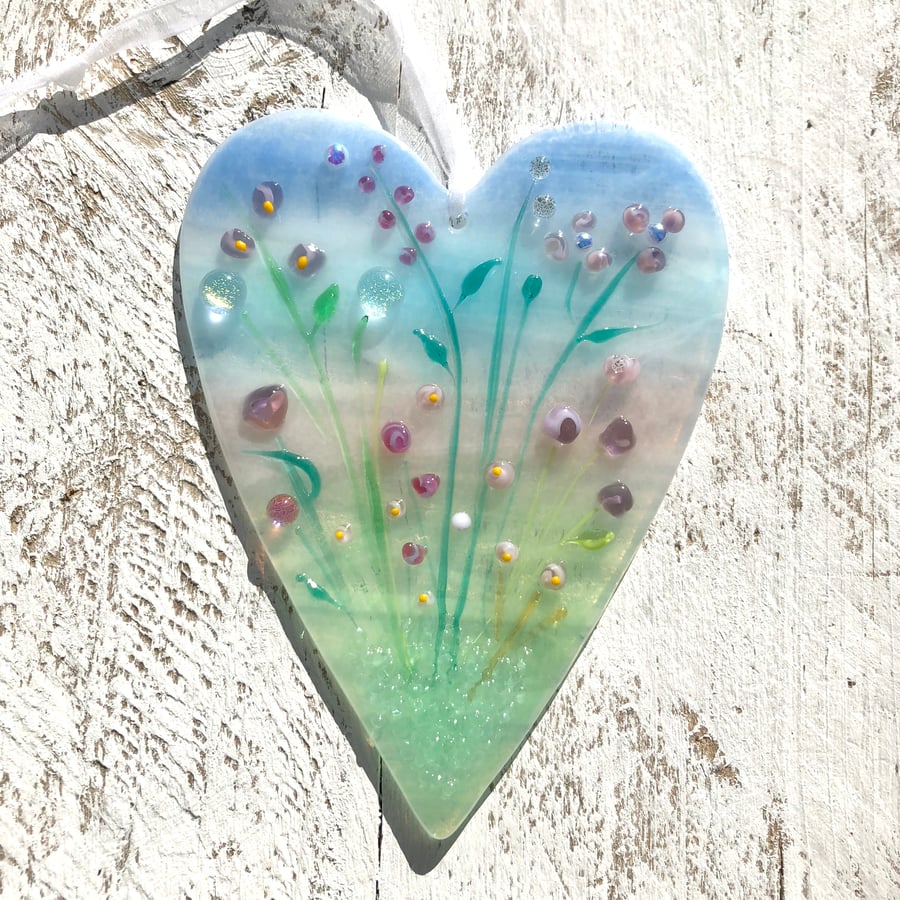 Glass Meadow Heart with Delicate Pink & Purple Flowers